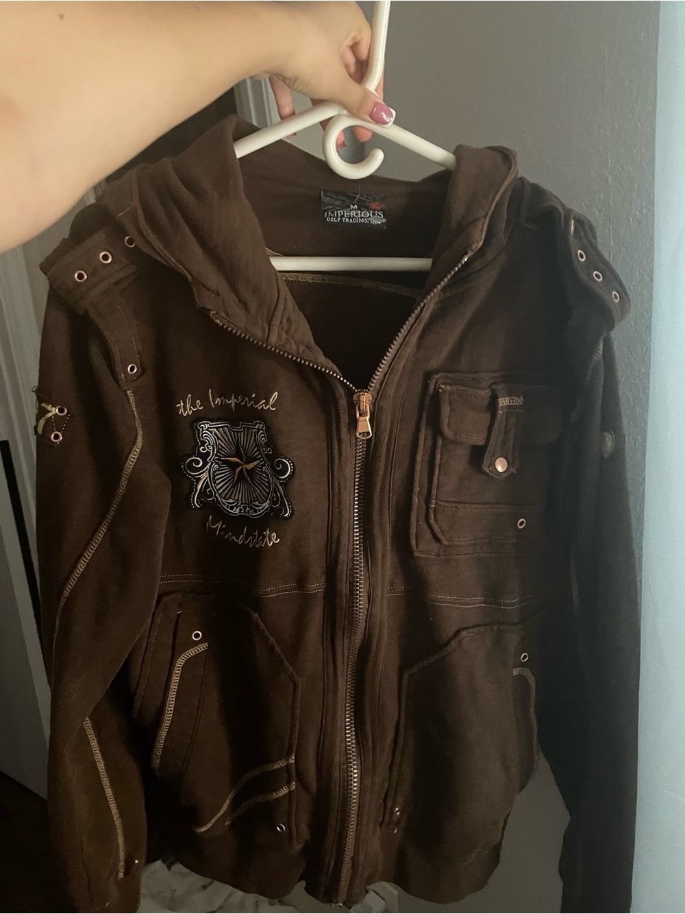 Vintage early 2000s Y2K era zip up embroidered cargo hoodie jacket